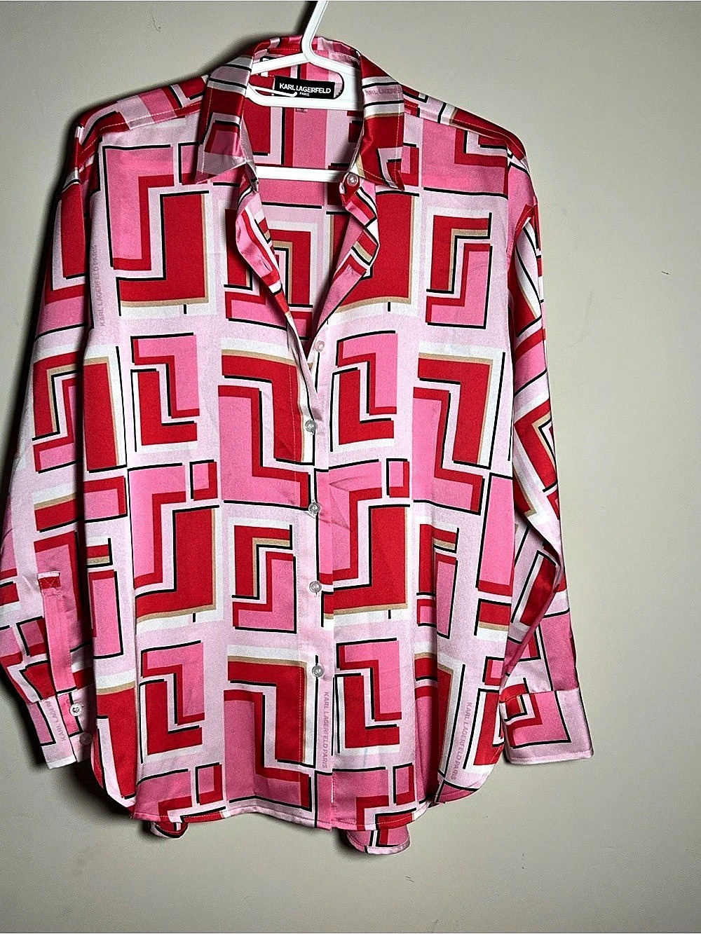 Karl Lagerfeld Paris Geometric Print Satin Button-Down Blouse Pink & Red XS